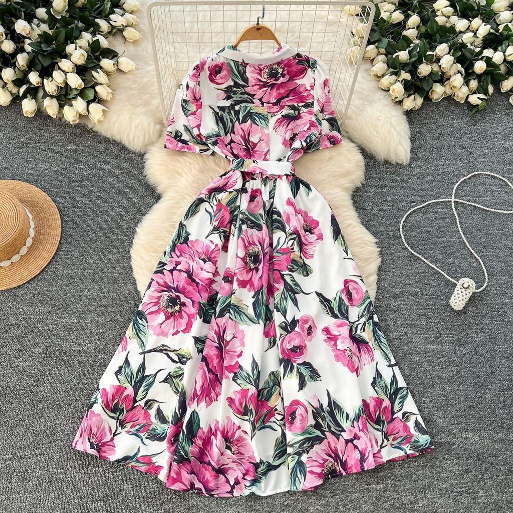 French Fashion Elegant Printed Dress Women's Summer Strap Waist Skinny Lapel Short Sleeve Shirt Long Dress
