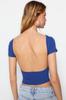 Women's Fashion Blouse Crew Neck Short Black Backless Tie Detailed Ribbed Flexible Knitted Blouse