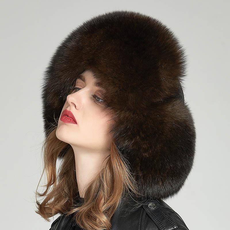 SOMALER Real Fox Fur Hat Earflap Thick Warm Winter Hats For Women Russian Bomber Hats Genuine Leather Caps