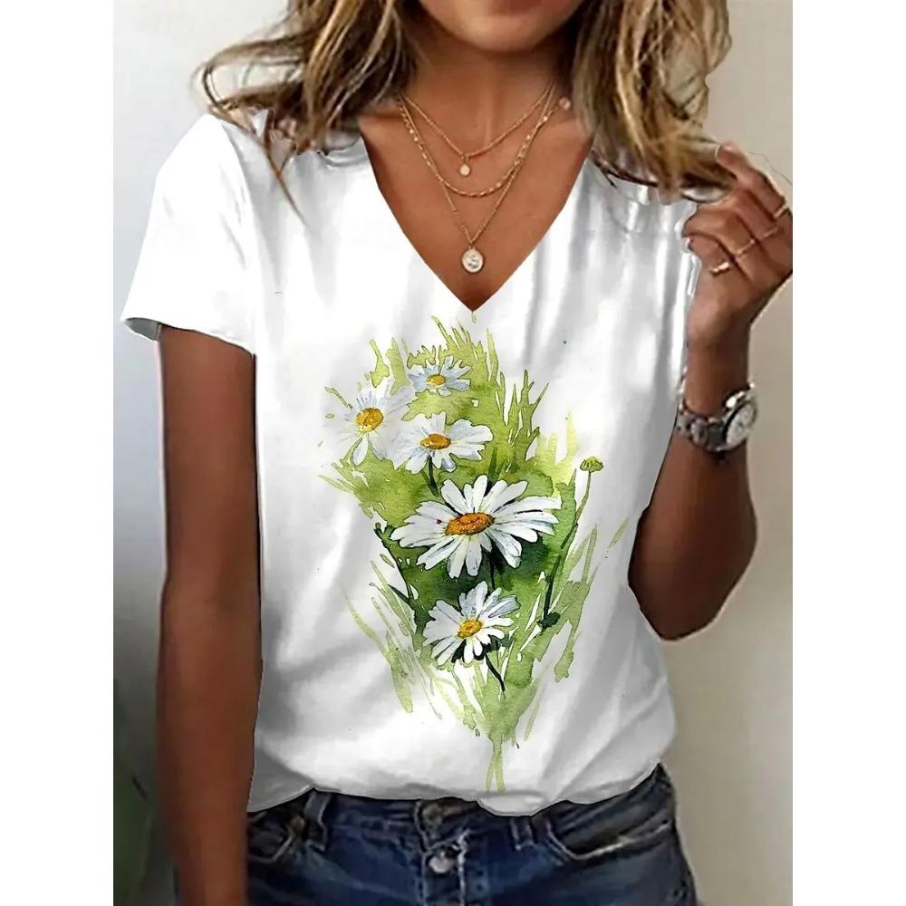 New Women T-shirt Simple Graphic Print Oversized Women's Trending Clothing Fashion Short Sleeve Shirt Women V-Neck Blouse 2025