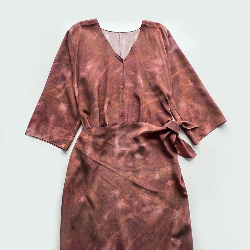 Elegant Burgundy Silk Wrap V-Neck Dress with Mid Sleeves