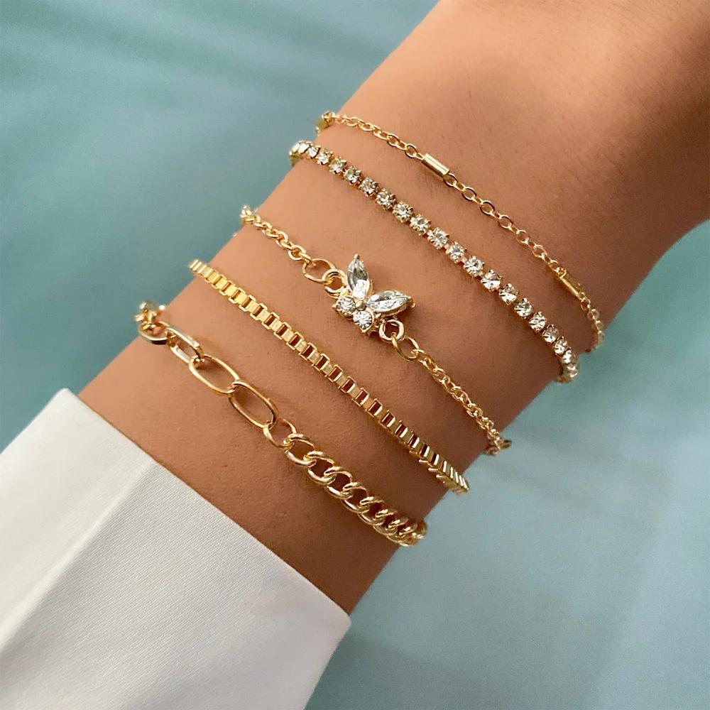 Punk Golden Metal Thick Chain Bracelets for Women Men Pentagram Heart Beads Pendant Charm Bracelet Set Fashion Jewelry