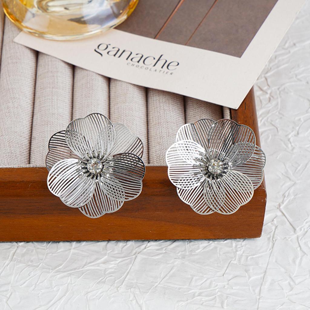 Silver Rhinestone Fishtail Tassel Earrings: Exaggerated Flower Design for a Stylish Look.