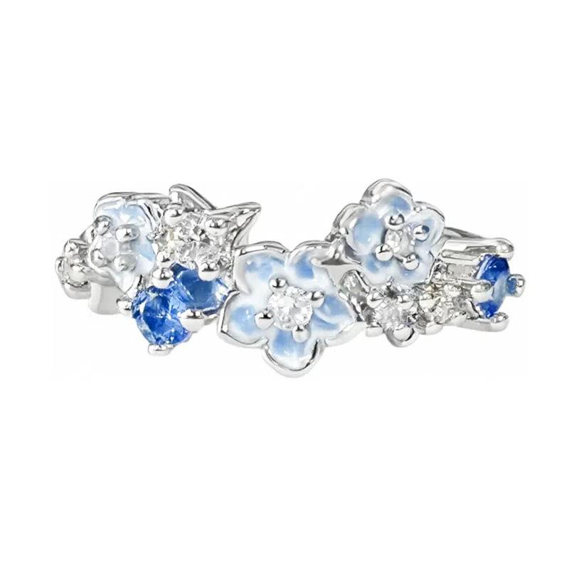 Star Flower Ring~ Blue Enamel Zircon Small Flower Adjustable Opening Ring Female Sweet Niche Index Finger Ring