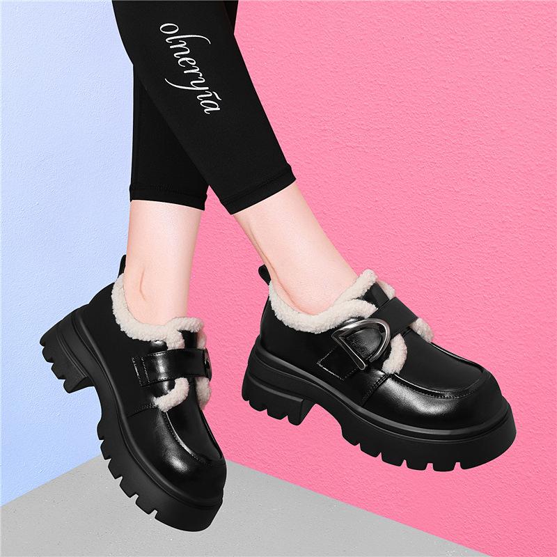 

thick-soled heightened velvet loafers women s new British style one-word buckle strap high-heeled small leather shoes versatile single shoes cotton 35