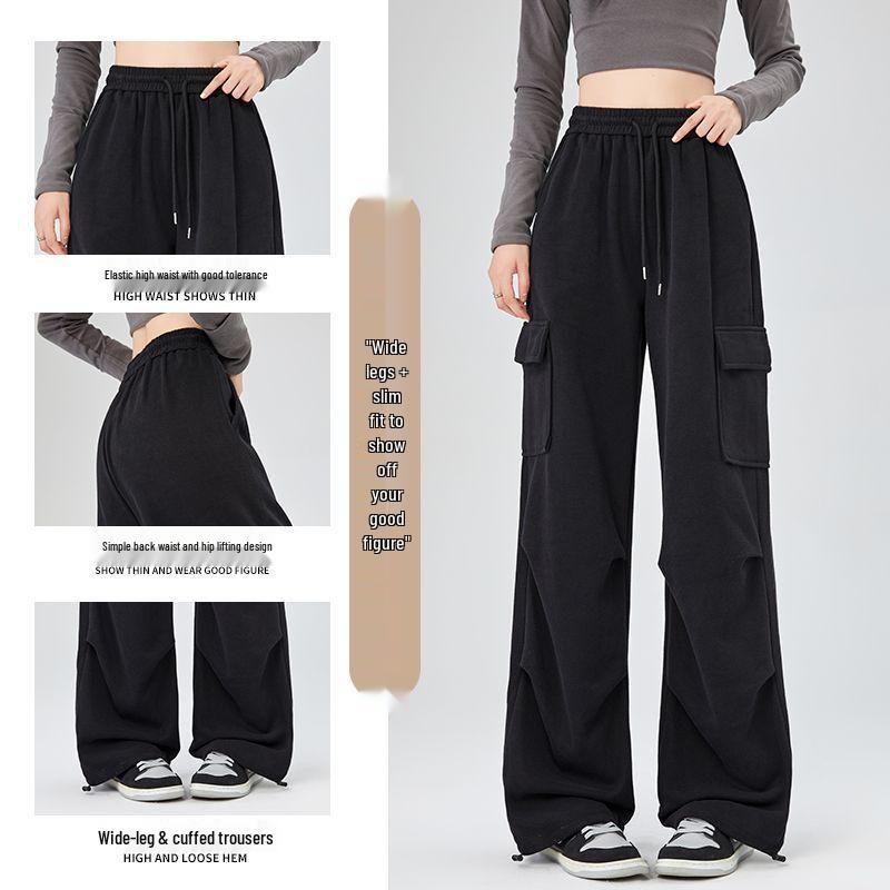 Women's Light Grey High-Waisted Strappy Overalls - Spring/Autumn Wide-Leg Pants with Large Pockets, Casual Sportswear