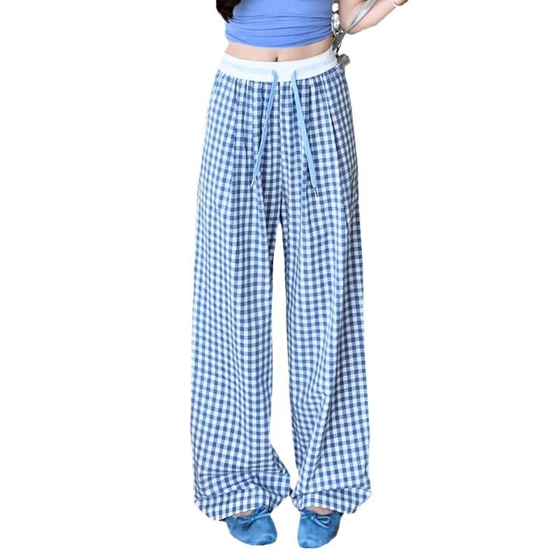 Retro Splicing Collision Color Plaid Loose Drag Ground Casual Women Tide Wide Leg Pants