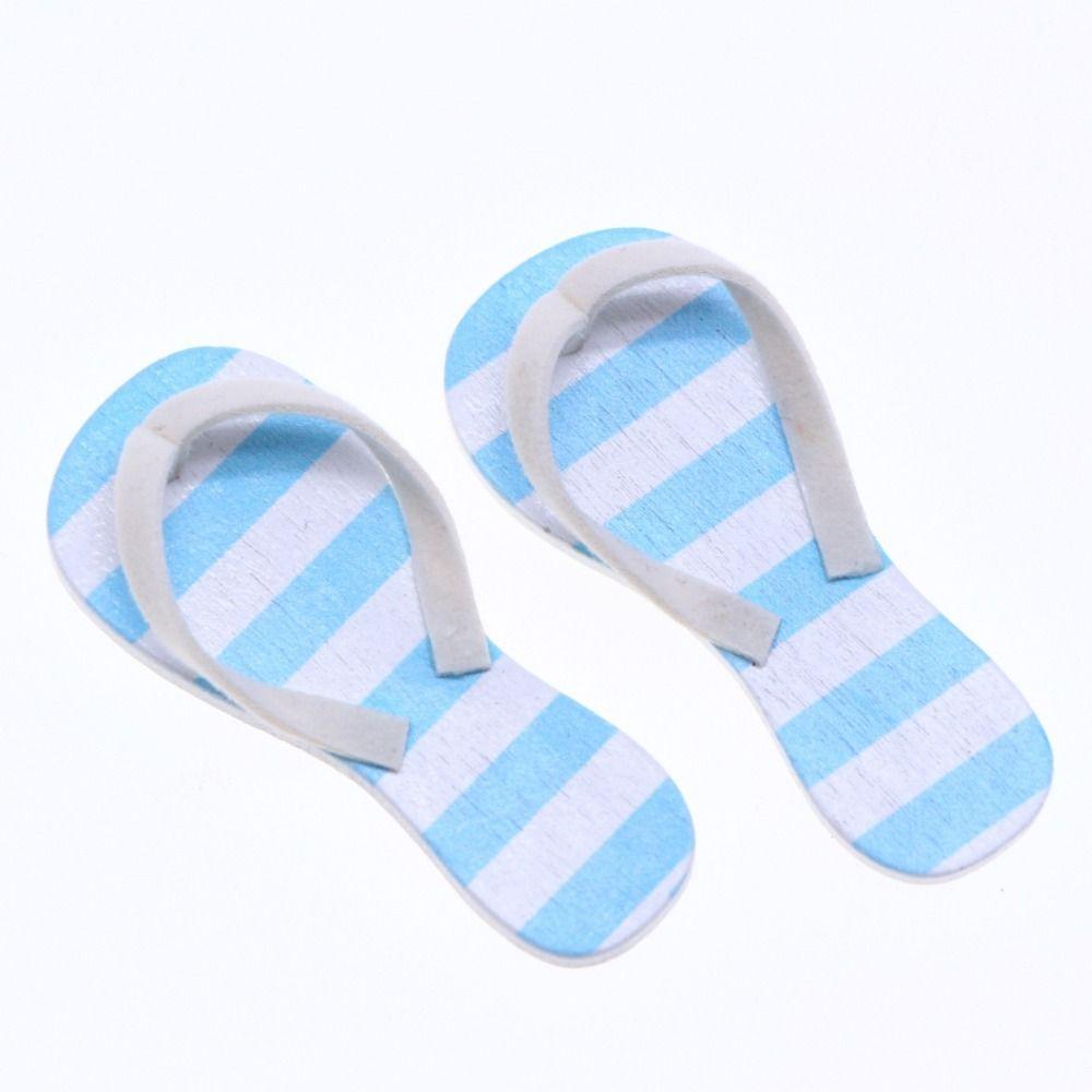 

1 Pair Mini Dollhouse Flip Flops Wood Mini Casual Slippers Miniature Flip-flops DIY Toy Striped blue