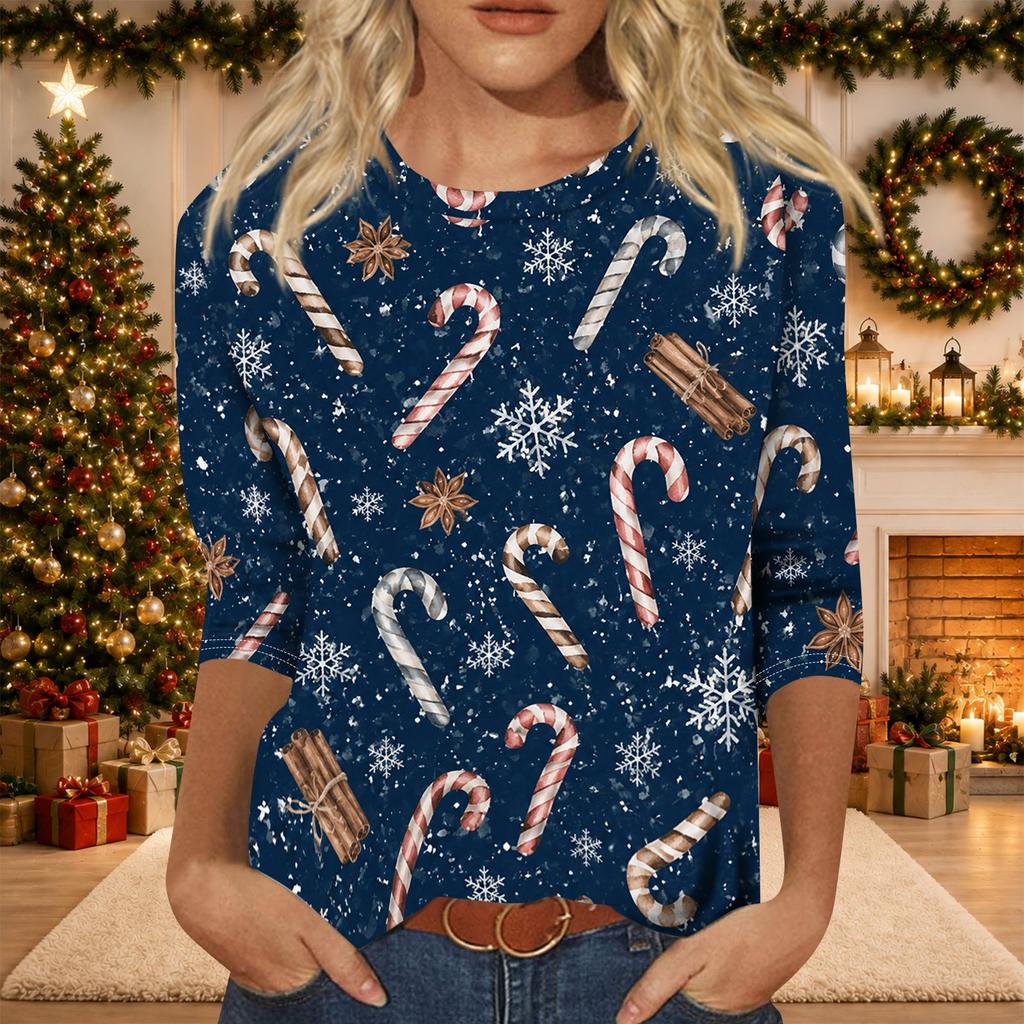 Women's Casual Three-Quarter Sleeve Neck Top with Christmas Print