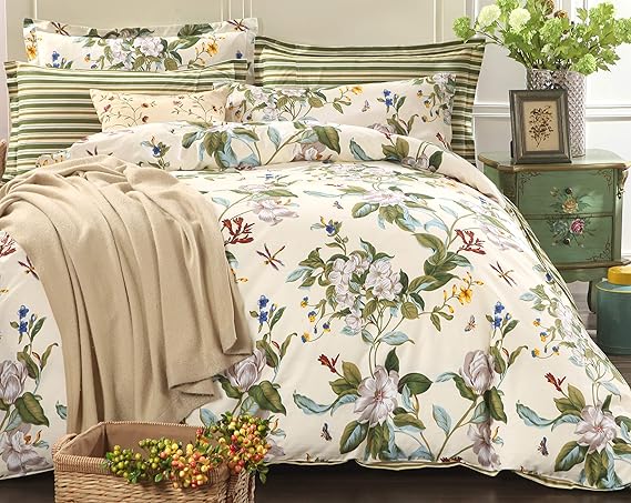 

Cotton Striped Floral Duvet Cover Set in Green and Beige with Shabby Chic Flower Branches for Summer Reversible Bedding 600 Thre бежевый