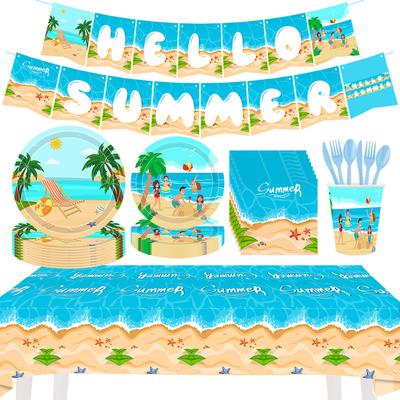 Summer Beach Theme Pool Party Cutlery Set Disposable Paper Plate Paper Cup Paper Towel Tablecloth Banner
