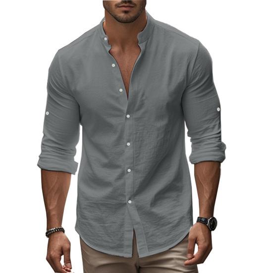 Men Cotton Linen Shirt Long Sleeve Button Down Shirt Band Collar Casual Summer Shirt