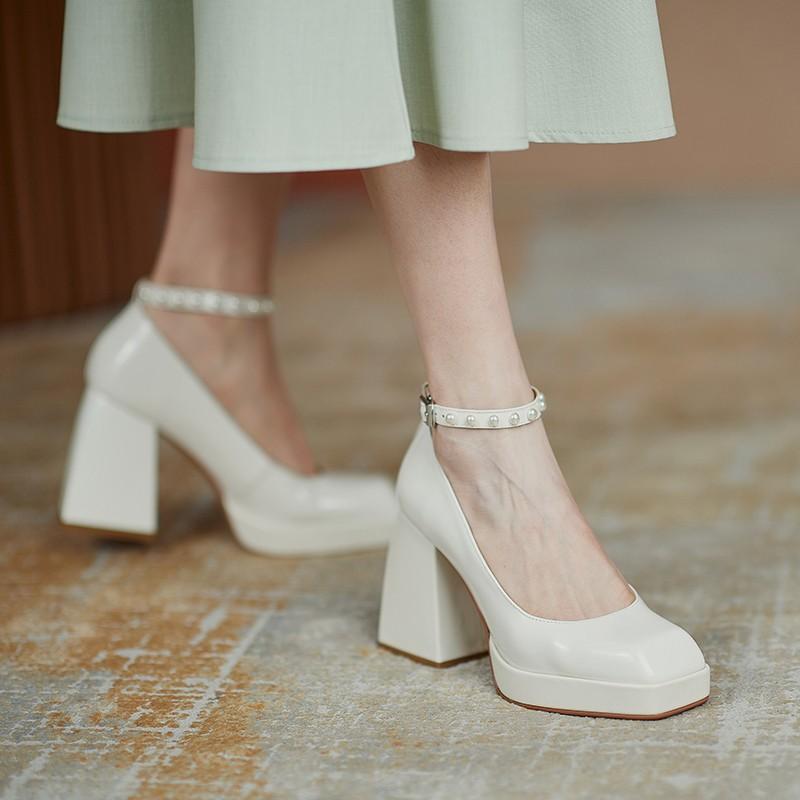 Women's Pumps 2024 Autumn Fashion High Heels Women Korean Style Versatile Mary Jane Chunky Heel Pumps Pearl Buckle Party Shoes
