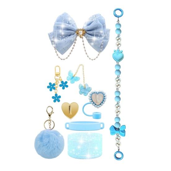 1 Set Tassenhülle Funkelnde Strasssteine Schleife Plüschball Dekoration Kunstperlen Lanyard Tassenzubehör mit Silikonboden-Schutz