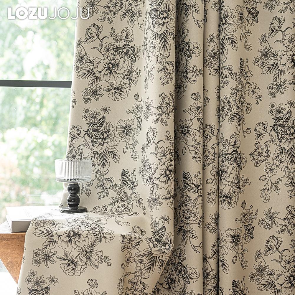1PC LOZUJOJU French Retro Sketch Flower Curtain with  Aesthetic Blackout Window Treatments for Bedroom Living Room Home Decor