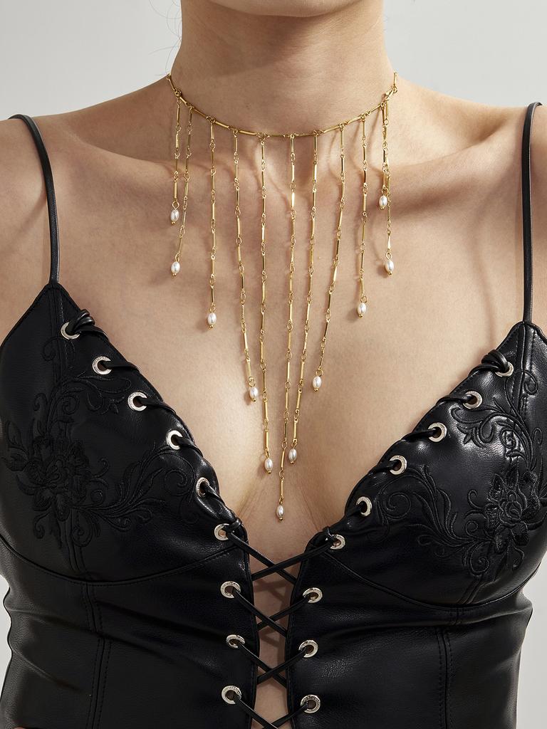 Sweet Fringe Necklace In Stainless Steel 18k Gold Plated Waterproof Non Tarnish Collar Cascade Long Tassels Necklace For Women