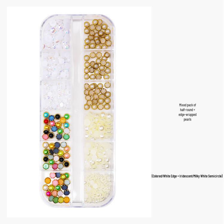 Japanese Nail Art Pearl Set: 12 Grids of Mixed Size Half-Round AB Iridescent Mermaid Pearls
