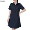 ZANZEA Women Casual Turn Down Collar Loose Short Sleeve Shirt Dress