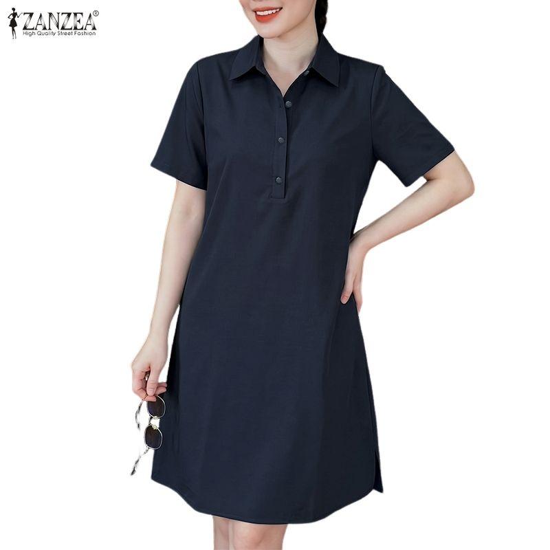 ZANZEA Women Casual Turn Down Collar Loose Short Sleeve Shirt Dress
