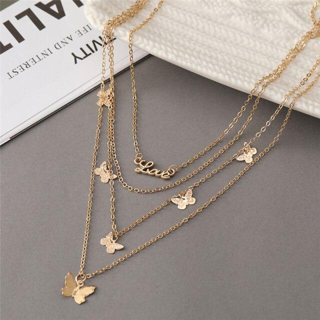 17KM Punk Gold Multilayered Necklace for Women Vintage Silver Color Geometric Round Pendant Necklaces Butterfly Choker Jewelry