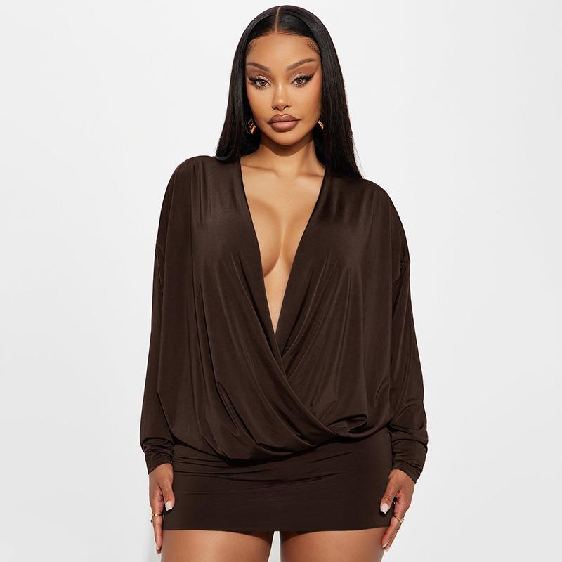 European and American Style Women's Autumn and Winter New Item Solid Color Fashionable Deep V Long Sleeved Waist Cinching Sexy Hip Hugging Dress
