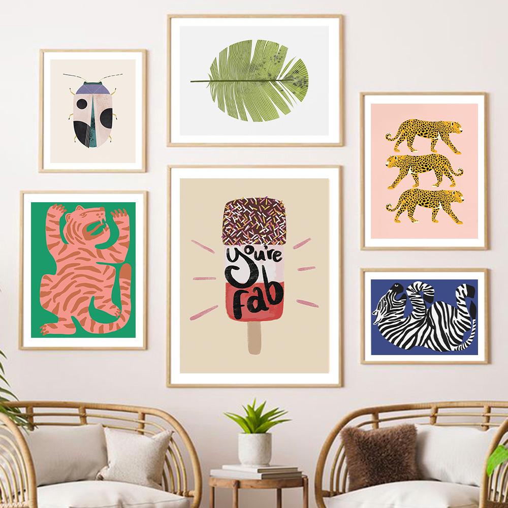 Jungle Tiger Striped Wall Art Oil Painting Poster Green Feather Print Living Room Decoration Picture