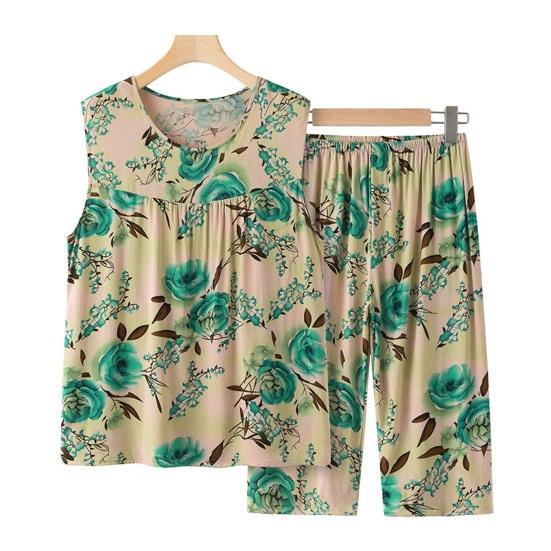 

Pajama Sets for Elderly Women Sleeveless Tank Top And Pants Pjs Sleepwear Set Floral Print Summer Casual Two Piece Lounge Outfits XL