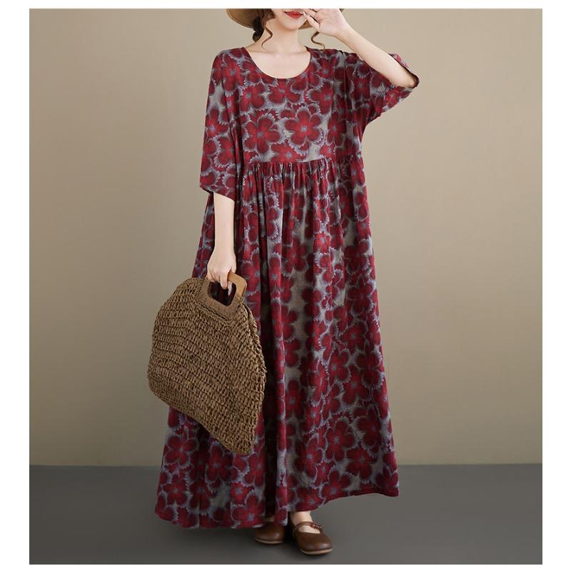 DIMANAF New 2026 Summer Beach Women Plus Size Vintage Lady Long Dress Red Loose Oversize Maxi Floral Print Cotton