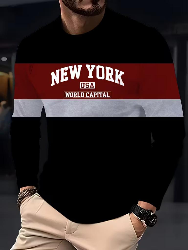 Mens T Shirt Los Angeles 3D Print Long Sleeve Autumn Striped Round Neck Outdoor Sports T-Shirt for Men Daily Men's Tops Clothing