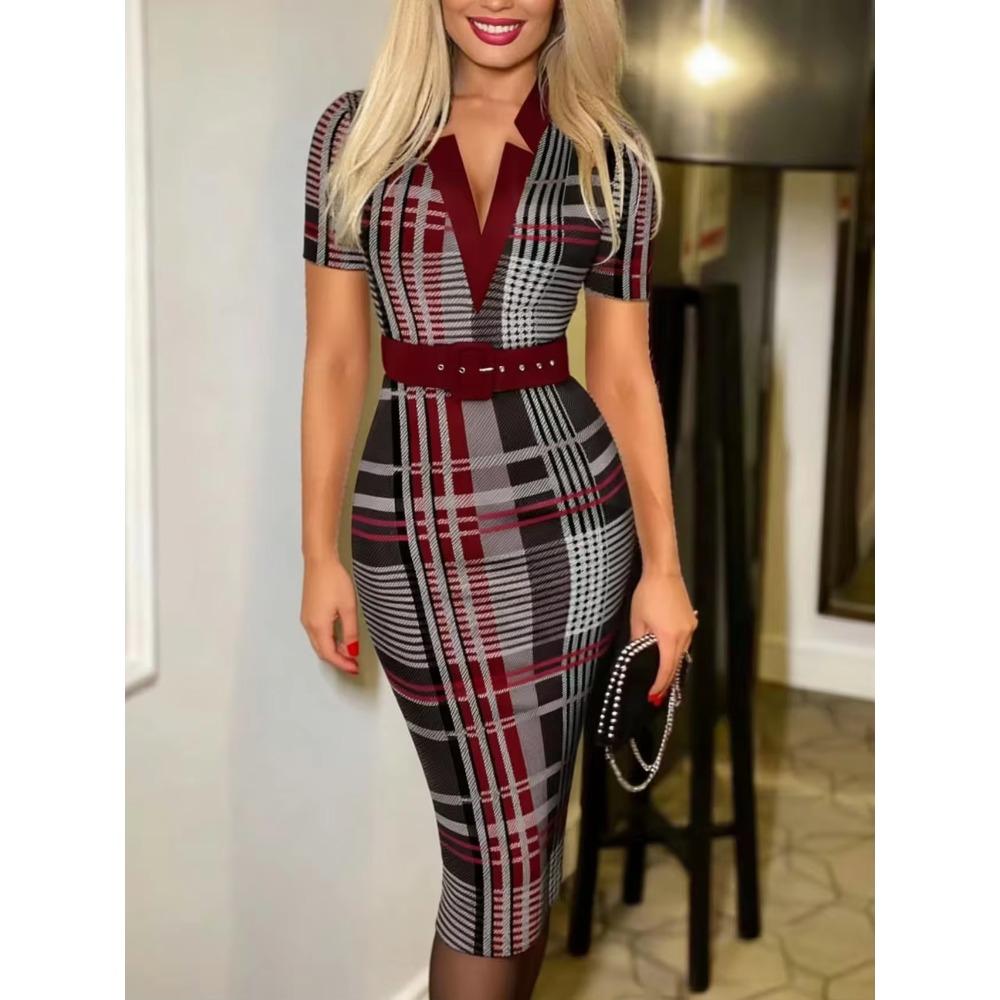 Elegant Plaid Bodycon Dress V Neck Long Sleeve Women's Clothing Without Belt Classic A-Line Midi Dress for Women