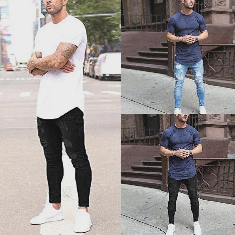 Men's Ripped Skinny Badge-Style Denim Jeans with Zipper Holes