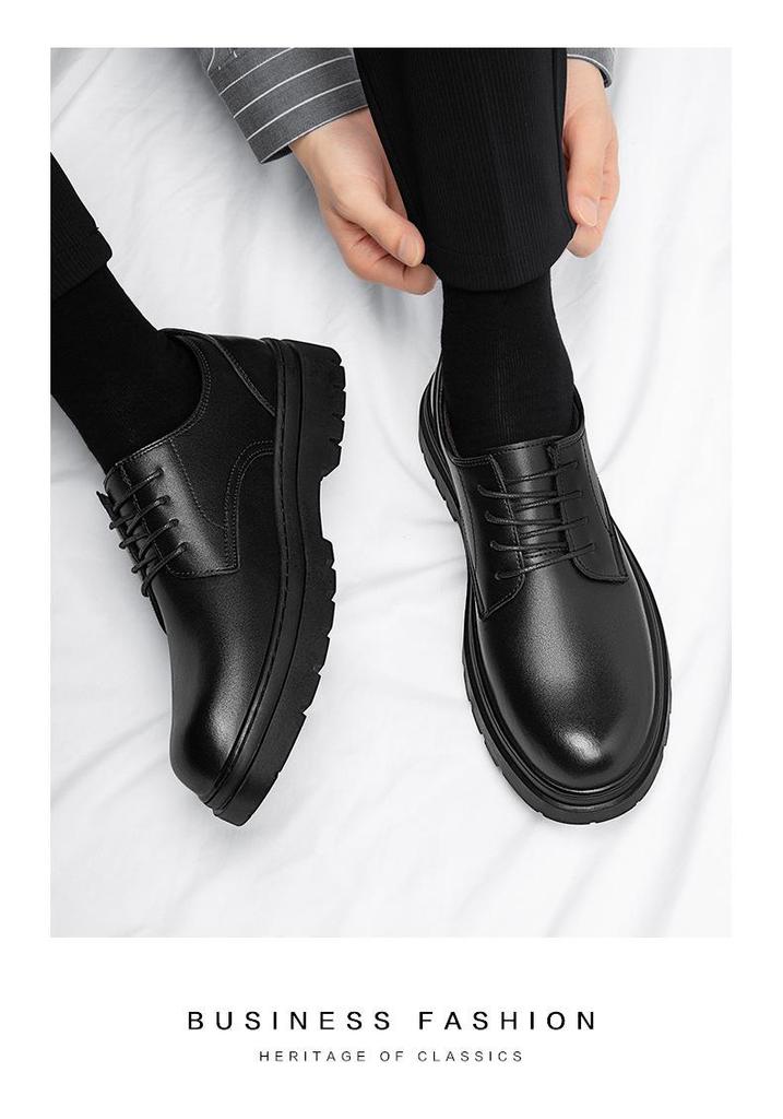 Men's Black Leather Derby Shoes - Winter 2025, Height Increasing, Thick Sole, Casual to Formal, with Plus Velvet for Warmth