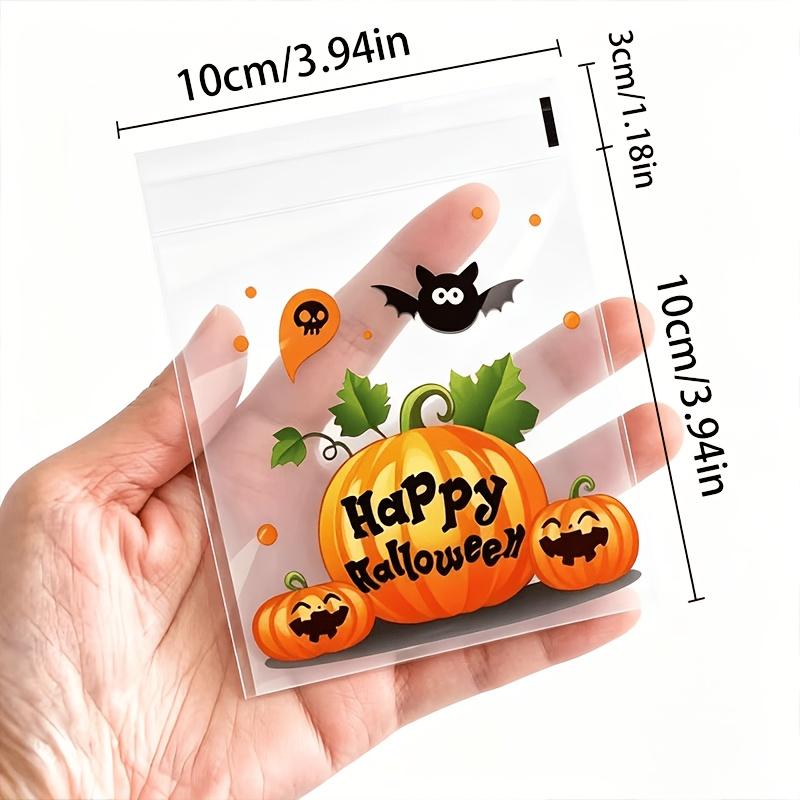 100pcs/pack Halloween Self-adhesive Plastic Gift Bags, Reusable Skeleton, Bat & Pumpkin Designs, Durable Bags for Party&Events