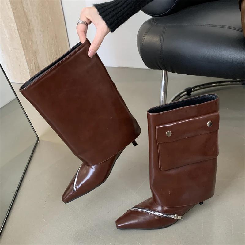 2026 New Fashion Design Pointed Toe Thin Low Heels Zipper Women Ankle Boots Splicing Button Pocket Banquet Ladies Shoes
