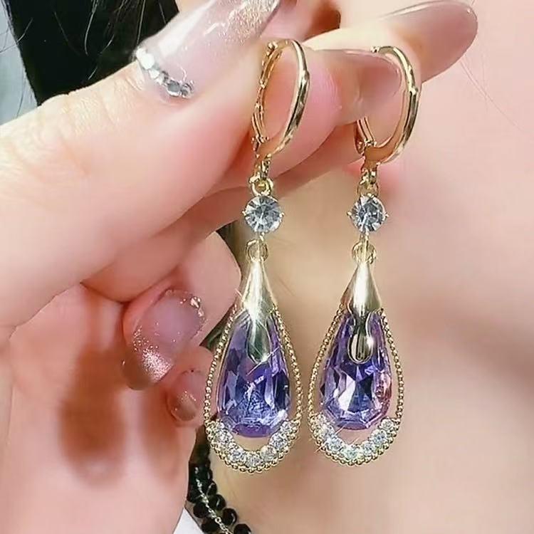 Элегантные фиолетовые серьги-подвески с кристаллами циркония в форме капли воды для женщин