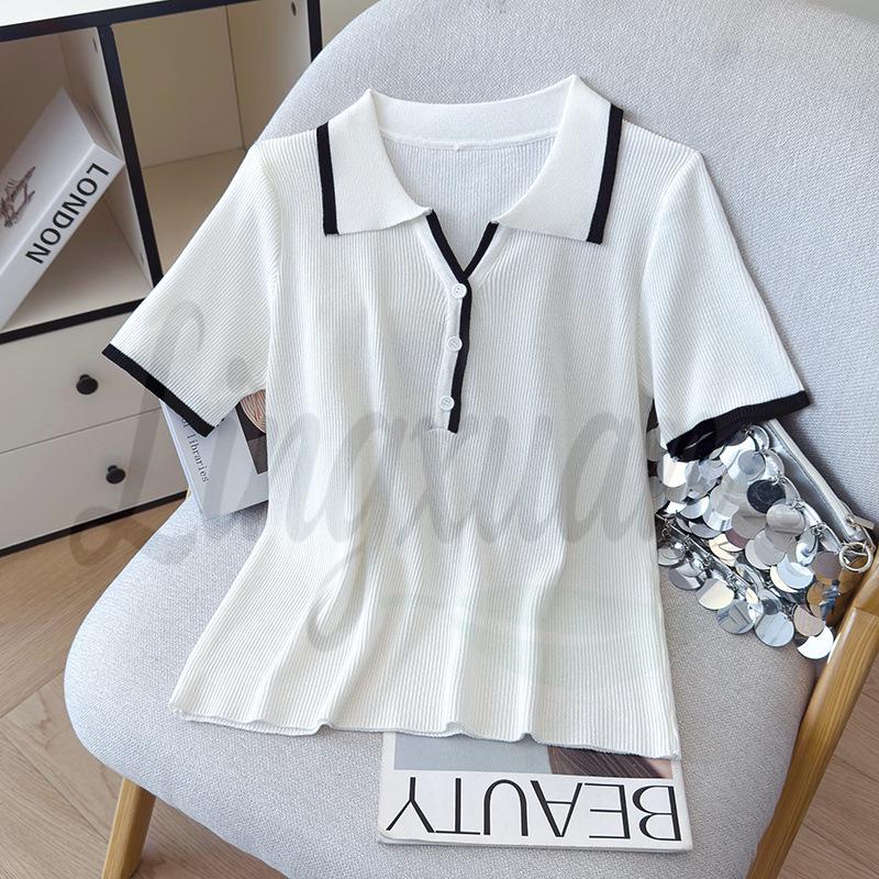 2026 Summer College Style Color Block Polo Knit Sweater - Slimming & Simple Design One Size белый