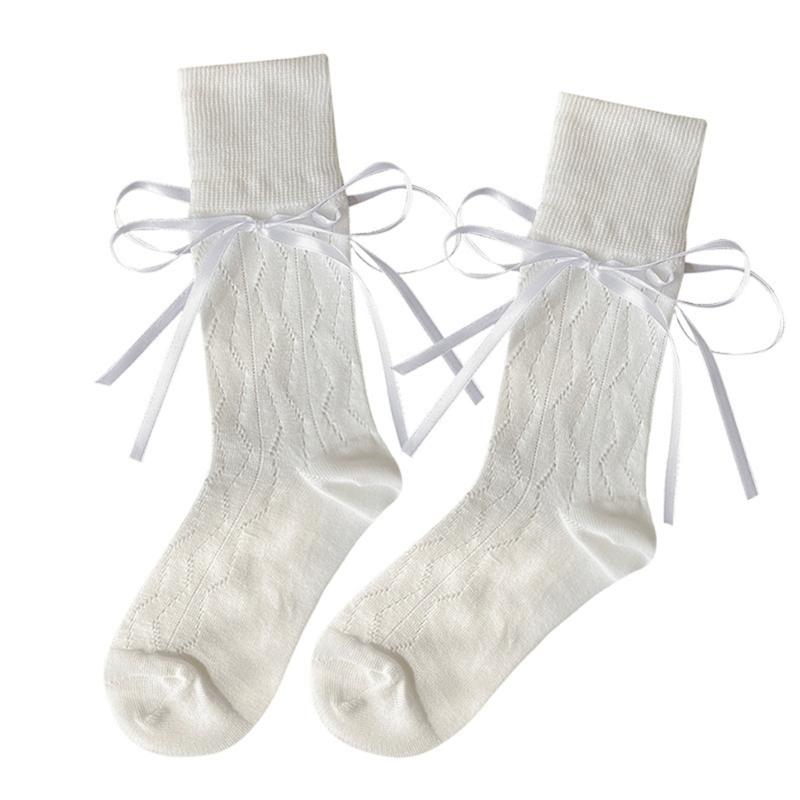 Summer Casual Ballet Style Sock Sweet Solid Color Bandage Cotton Bows Tie Hollows Stocking for Women Girl Summer белый