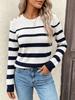 Women's Crew Neck Sweater, Striped, Button-Front, Long Sleeve, Slim Fit for Fall and Winter