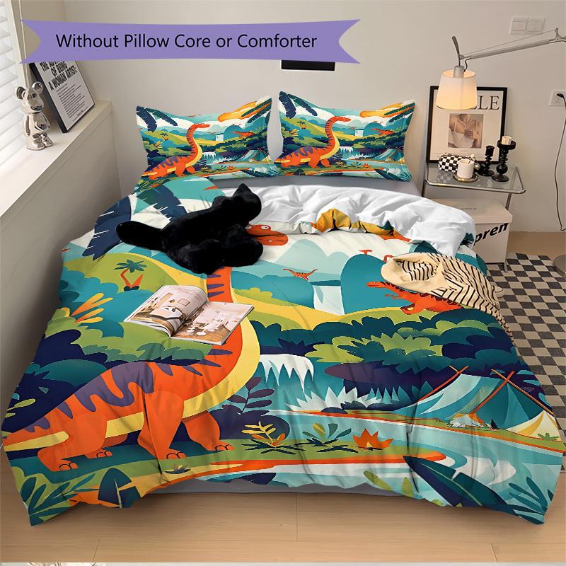 3pcs Dino Adventure Bedding Set, Includes 1 Comforter + 2 Pillowcases, Without Pillow Inserts, Soft Comfortable, Lightweight Breathable, Pri