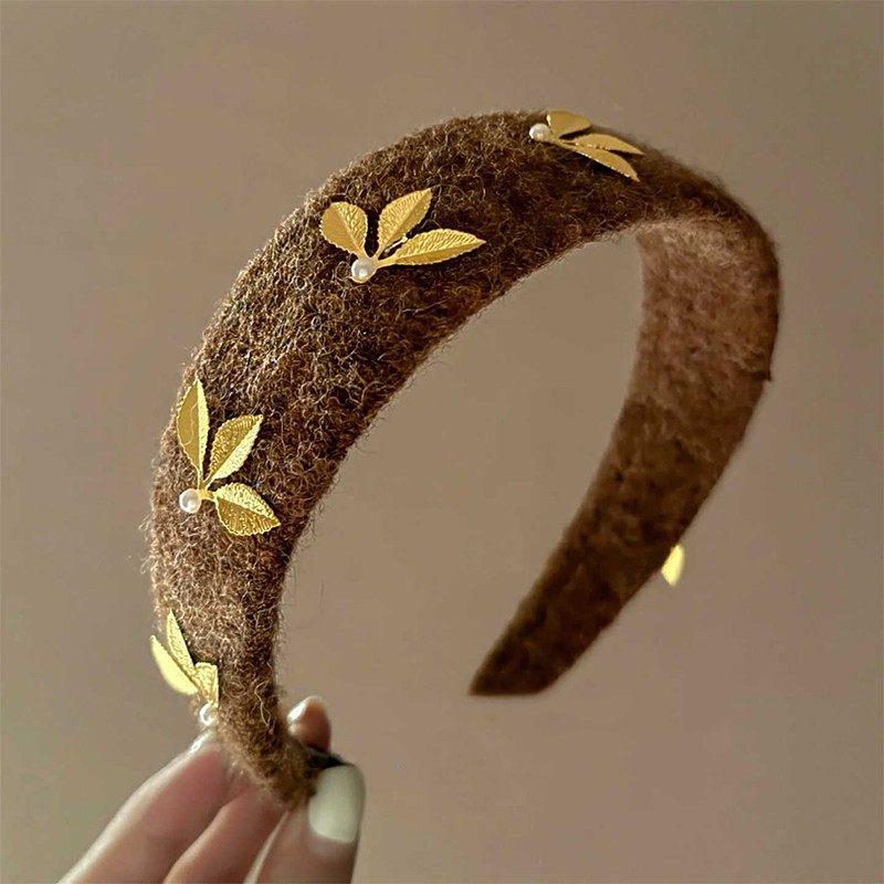 Luxurious Autumn/Winter Pearl Leaf Flocked Fabric Headband
