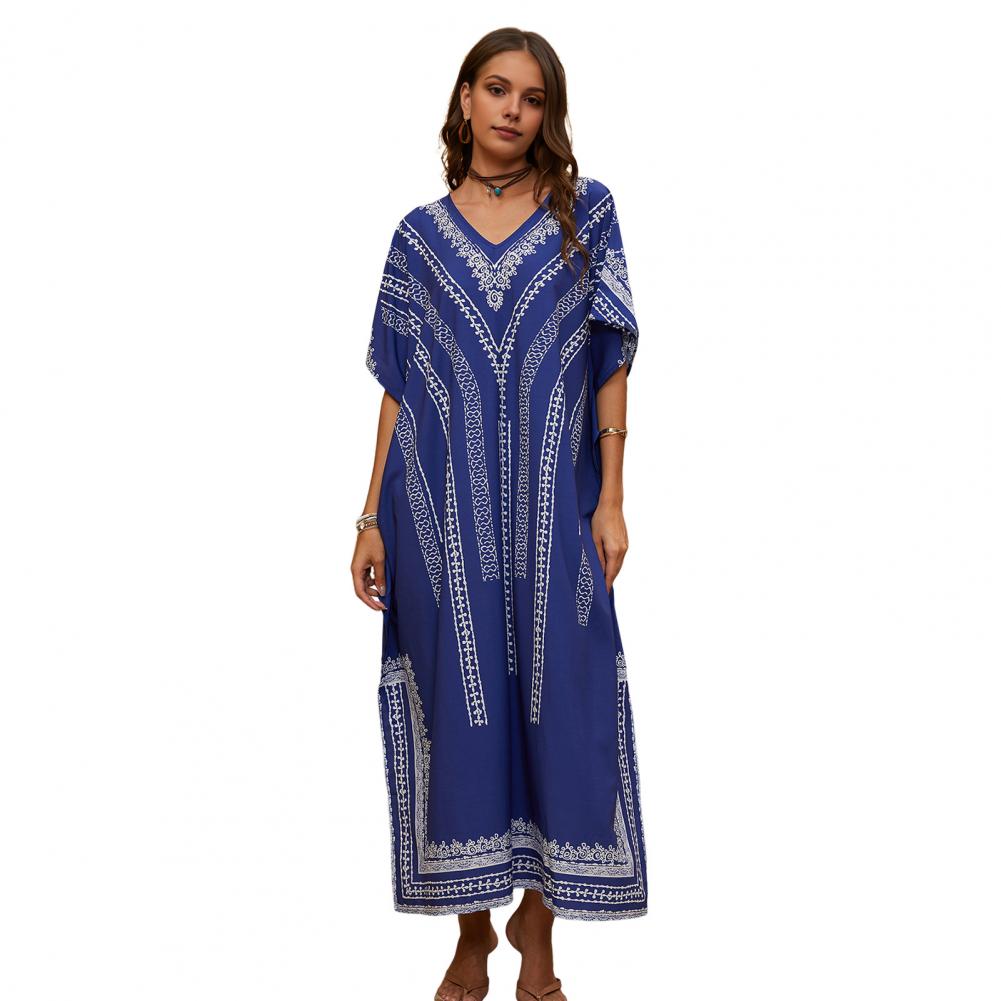 Bikini Cover Up Dress V-Neck Short Sleeve Loose Fit Robe Beach Sun Top Ethnic Style Pattern Side Slit Long Beach Dress