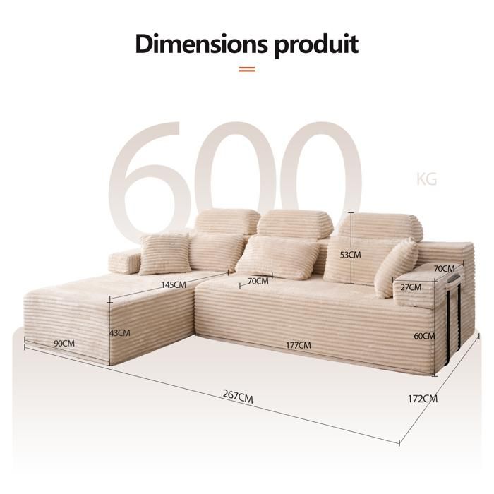 Reversible corner sofa with chaise longue, high back modular sofa, deep seat sofa bed without assembly beige
