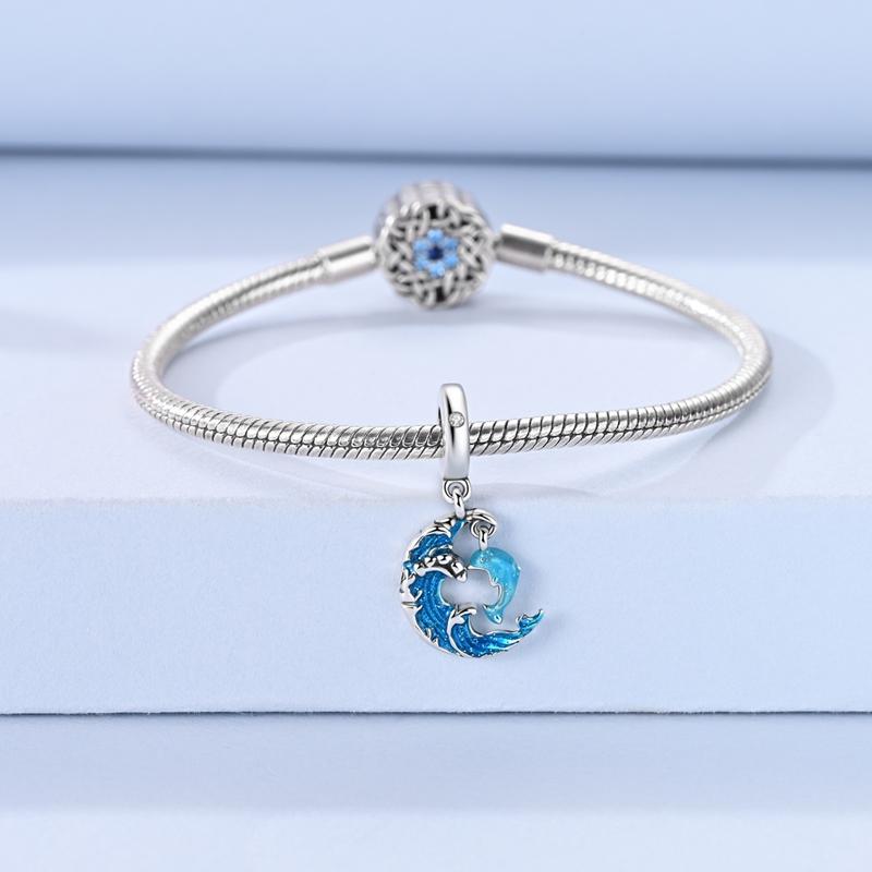 925 Silver Dolphin Pendant Charm Bead with Blue Waves Design for Women DIY Jewelry Bracelet Necklace Gift Accessories