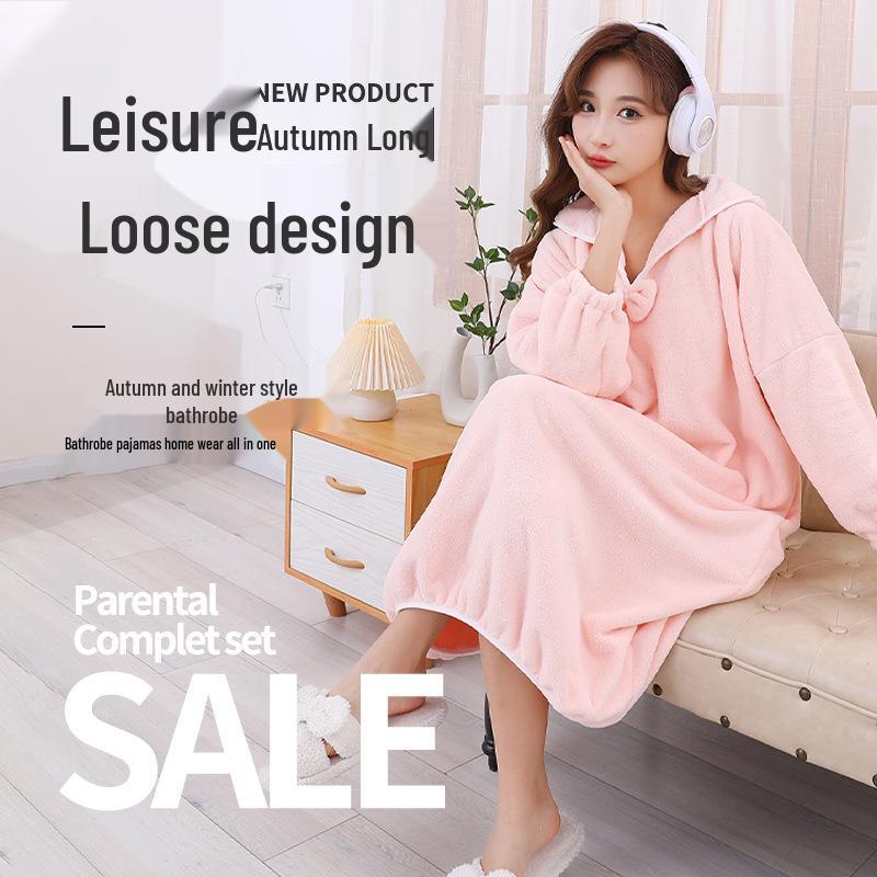 Women's Thickened Winter Hooded Bathrobe - Absorbent Coral Fleece Bath Towel with Long Sleeves and Bath Skirt