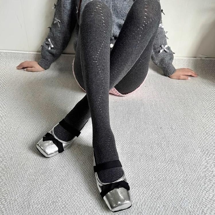 Women Hollowed Plaids Pattern Stockings Cotton Pantyhose Solid Color Winter Opaque Tights Bottoming Leggings Hosiery