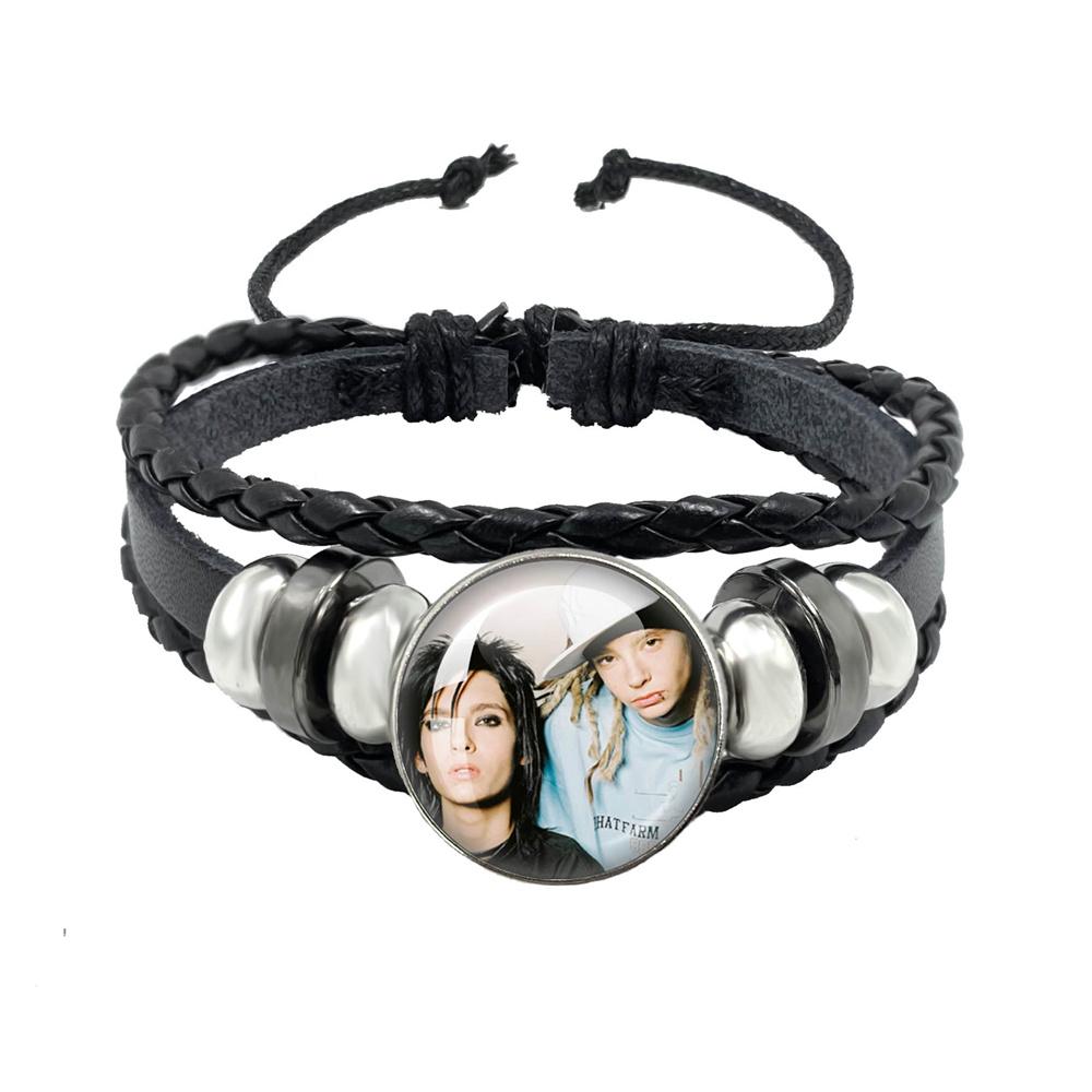 Pop Retro Rock Band Tokio Hotel Bill Kaulitz Band Black Rope Button Glass Cabochon Leather Bracelet Jewelry Charm Fans