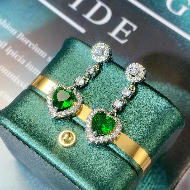 Exquisite Earrings for Women's Silver Earrings Inlaid Green Love Zircon Earrings Long Tassel Jewelry Earrings Korean Earrings