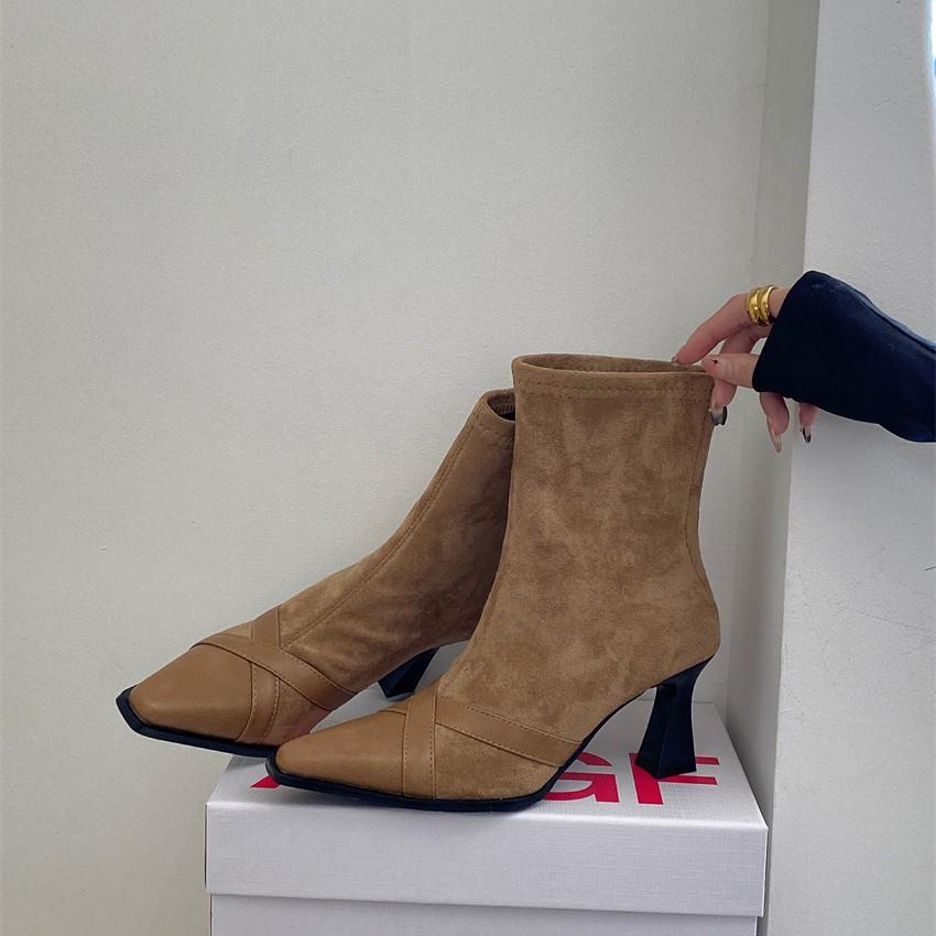Light and mature wind cross belt decorative high-heeled short boots female fashionable royal sister fan rear zipper wine glass and thin socks boots