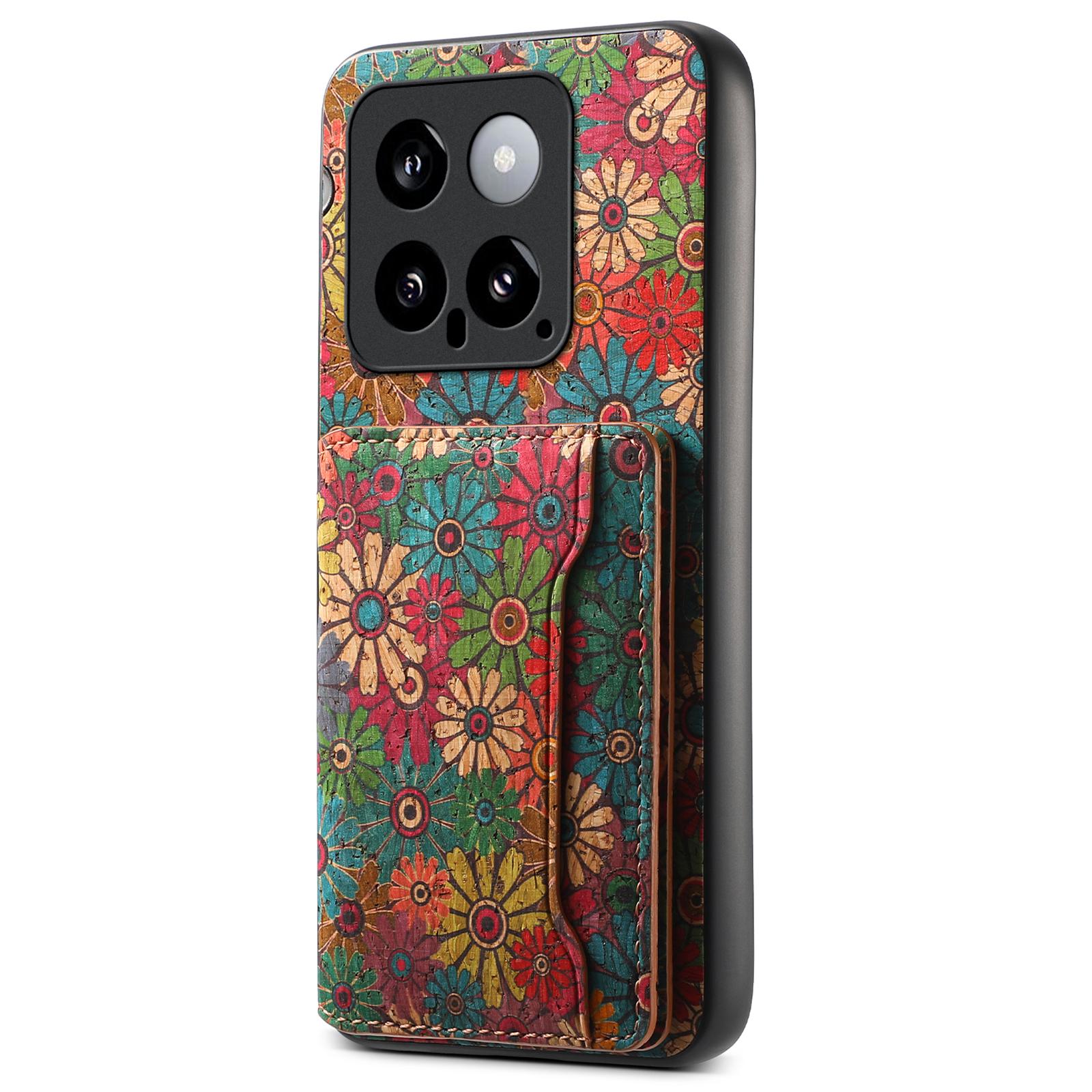 

For Xiaomi 14 Case Card Slot Kickstand PU Covered Hybrid Phone Shell Floral Pattern Spring/Green
