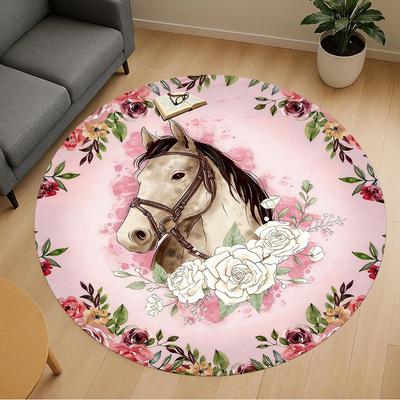 1 Stück Pferd Blumig Runder Stuhlmatte Büro Teppich - Rutschfest, Bodenschutzmatte für Büro, Schlafzimmer und Innenbereich Dekor p127230